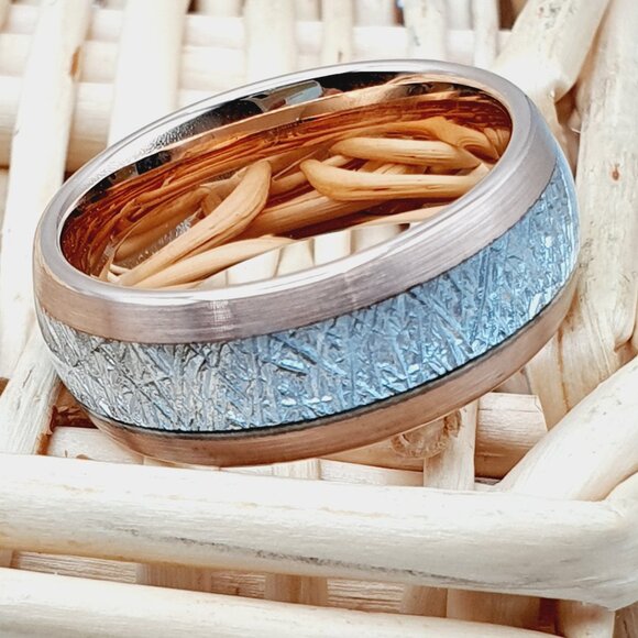 Meteorite Inlay Rose Gold Tungsten Band, GALTUN625 - Picture 3 of 5